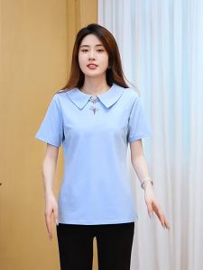 เสื้อยืดผู้หญิงคอเสื้อตุ๊กตาเข้ารูปสไตล์ใหม่ย้อนยุค2025ฤดูร้อนเสื้อสำหรับวัยกลางคนลำลองทรงหลวม