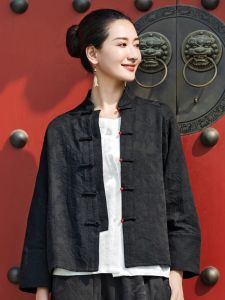 New Chinese Style Womens Tang Suit Retro Jacquard Stand Collar Short Outwear 2024 Spring Loose Outer Tops National Style Fashion