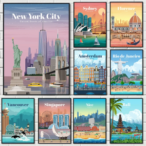 A world famous tourist city Singapore New York travel poster print wall art canvas painting home living room decoration