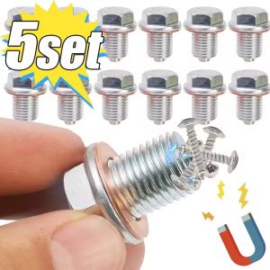 5Sets Magnetic Car Oil Drain Screw Gasket M14*1.5 Aluminum/Copper Oil Drain Plug Sump Drain Nut Bolt with Copper Gasket Washer
