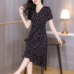 DAIXIANGFEIZI | Đầm Chiffon Hoa Văn Dây Đai eo Không Tay Sang Trọng Mid-Length