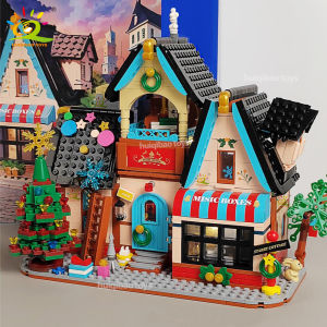 HUIQIBAO 1377Pcs City Christmas House MOC Model Building Blocks DIY Santa Claus Decorative Construction Bricks Toys Adult Gift
