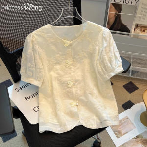 WANGGONGZHU | New Chinese Style Button Up Shirt Women Summer Thin Embroidered Short Sleeve Elegant Small Top Straight Cut Retro Commute Style