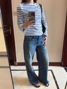 เสื้อยืดคอกลมแขนยาวทรงพอดีตัวผ้าฝ้ายแท้ลายทางสีสันสดใสสำหรับผู้หญิงวัย 18-24 ปี ฤดูใบไม้ผลิ 2025 แบรนด์ 007