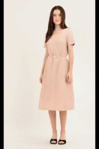 Krizia Cotton Knit Stretch Square Neck Midi Shift Dress with Crystal Belt
