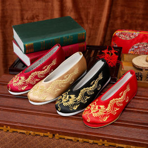 Chinese Style Wedding Shoes Mens Red Embroidered Shoes for Wedding Ceremony Hanfu Boots Breathable Comfortable Flat Heel
