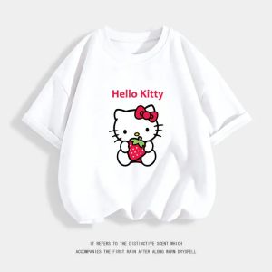 Bandai | 2026 summer Hello Kitty Classic Strawberry Print Family Matching T-shirts Casual Cotton Parent-child Tees for Mom and Kids
