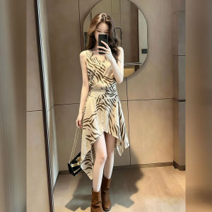 DANTING | Zebra Print Asymmetric V-Neck Summer Dress Long Dress