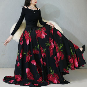 กระโปรงทรงเอเอวสูง ทรงหลวม ลายดอกกุหลาบ สีแดง ทรงยาว ฤดูใบไม้ร่วง 2024 กระโปรงสั้นทรงเอหรูหรา ทรงเอ กระโปรงสั้น