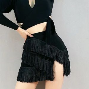 Adult Women High Waist Wrap Hip Split Hem Tassel Latin Ballroom Dance Skirt Adult Practice Stage Performance Dancewear