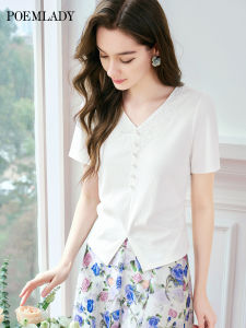 POEMLADY | V-Neck Short Sleeve Lace Trimmed Knit Top