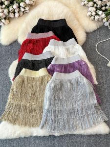 High Waist Tassel Skirt Womens 2024 Summer New Style Dancing Skirt Slimming Asymmetrical Short Skirt Korean Style Commute