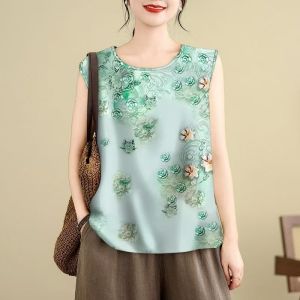 Summer Printed Crop Top Womens Sleeveless Vest Casual Outerwear Fashionable Loose Belly Covering Trendy Blouse Commute Style