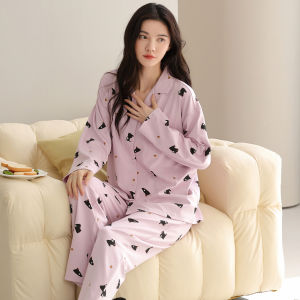 MiiOW | Pure Cotton Nightgown Womens Long Sleeve Casual Home Clothes Set Spring Autumn New Style MiiOW Cat Person Sleepwear