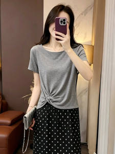 TIANQIANHUI | Simple Fashion Two-piece Set Knot Short Sleeve T-shirt and Polka Dot Skirt