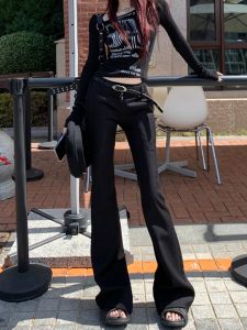 กางเกงขายาวทรงขาบานสีดำทรงสลิมฟิตสไตล์อเมริกันสตรีทวินเทจสำหรับผู้หญิงในฤดูใบไม้ผลิและฤดูร้อน กางเกงขายาวทรงหางม้าแบบสวมสบาย