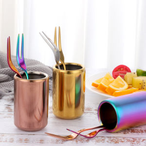 Creative Stainless Steel Fruit Fork Set Small Fork Storage Can for Home Hotel Restaurant KTV Metal Utensils Storage Organizer