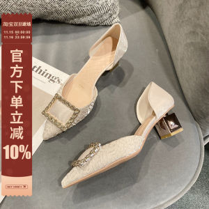 Korean Style Water Diamond Middle Hollow Thick Heel Commuting Womens Shoes Slip-On PU Material Sharp Pointed Toe Glue Adhesive Shoes