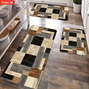 Thảm Nhà Bếp Kiểu Nông Trại Hiện Đại VIKAMA Thảm Chống Trượt In Hình Gỗ Vuông Vân Gỗ Cho Phòng Giặt Đồ Hành Lang Trang Trí Nhà Cửa Chống Trơn Trượt Chống Phai Màu 100% Polyester