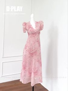 D-PLAY | Resort Style Pink V-Neck Puff Sleeves Slimming A-Line Print Dress