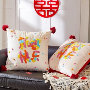 Dopamine Celebration Pillows New Couple Red Double Happiness Character Sofa Cushions Washable Wedding Decoration