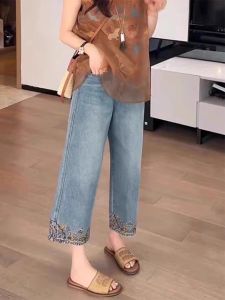 กางเกงยีนส์ทรงตรงเอวสูงปักลายสไตล์จีนใหม่สำหรับผู้หญิง กางเกงขายาวทรงหลวมฤดูร้อน กางเกงยีนส์ทรงหลวมสำหรับผู้หญิง