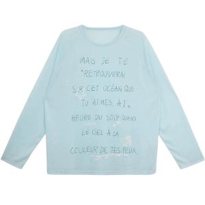 YUEZHONGWEI | American Letter Print Blue Round Neck Long Sleeve T-Shirt Women Summer Thin Outer Covering Shirt Air Conditioning Top