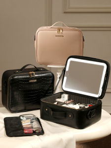 Portable Large Capacity Makeup Bag Womens Cosmetic Box Storage Case with Mirror LED Light Handheld Luxury Travel Organizer