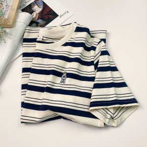 Áo Thun Tay Ngắn Sọc Cotton Rộng Rãi Thời Trang Mùa Hè Cho Nữ Áo Thun Cổ Tròn Thêu Chất Liệu Cotton Nguyên Chất