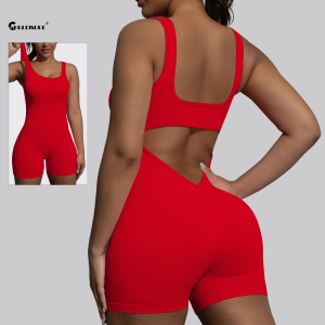 Women Sports Jumpsuit 1PCS Threaded Solid Colour Yoga Set U Neck Sleeveless Beautiful Back Fitness Bodysuit without Bust Pads