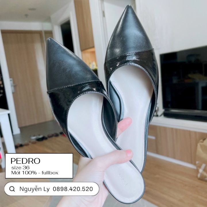 giầy bệt nữ pedro màu đen, giầy sục nữ mũi nhọn da trơn đen mới 100% ...