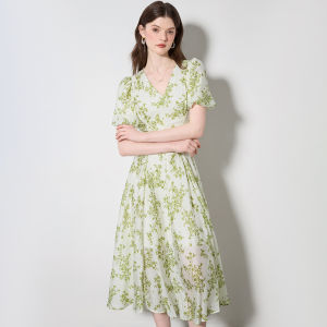 Mo | Elegant French Floral High Waist Midi Skirt Tea Break Dress Silk Chiffon Knee-Length One-Piece V-neck Zipper Summer New Arrival