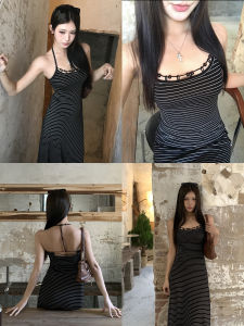 Summer French Style Neck-Hanging Striped Black Dress