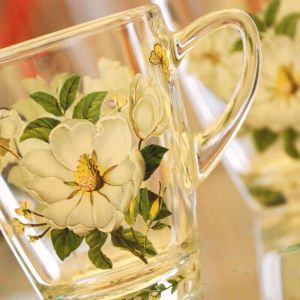 New High-End Printed Glass Cup with Handle Thickened Heat-Resistant Home Use Tea Water Cup Anti-Explosion Korean Style round Cup