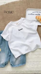 Áo thun tay ngắn raplang màu trắng thêu logoBERNIE cho bé trai bé gái đi học đi chơi 1tới 7t 0424A15