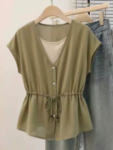 SHIMANQING | Elegant Fake Two-Piece V-Neck Slimming Blouse Shirt