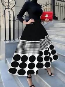 Printed Design Suitable for all four seasons Black And White Stripes And Dots vacation style Elegant style womens half skirt