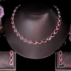 SEQUITO Stunning White Gold Plating Hand Paved Red Water Drop AAAAA Cubic Zircon Stones Attractive Choker Necklace with Dangle Earrings Women Evening Party Jewelry Set SJ293
