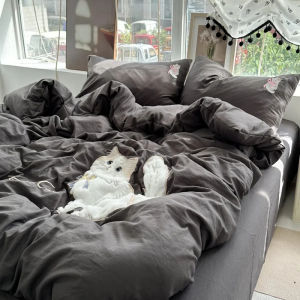 Simple Butterfly Knot White Cat Cartoon Patchwork Embroidery Bedding Set 1.8m Washed Cotton Duvet Cover Three-Piece Set