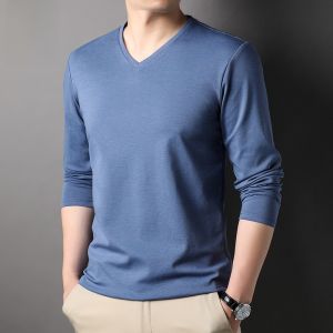 ROMON | Romon Long Sleeve Silk T-Shirt Mens Casual V-Neck Base Shirt Trendy Autumn New Style White Comfortable Soft Polyester Cotton Blend
