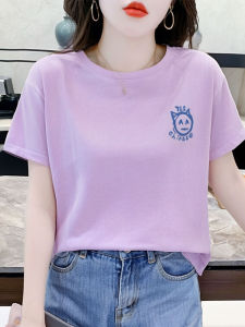 Áo Thun Tay Ngắn Mùa Hè Màu Tím Rộng Rãi Thoải Mái Thường Ngày Phong Cách Hàn Quốc Cotton 95% Co Giãn 5% Cổ Tròn Dài Thông Thường