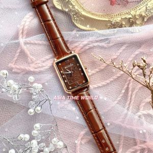 [Original] BNB10788-2543 Bonia Elegance Rectangle Womens Watch with Brown Monogram Dial and Brown Genuine Leather | Official Warranty