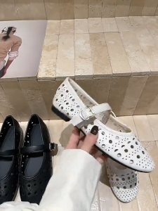 1.1inch Korean Mary Janes Doll Shoes Flat Sandals for Women Hollow Out Solid Round Toe Comfortable One Strap Doll Shoes