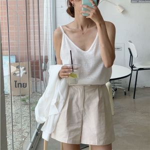 เสื้อกั๊กสายเดี่ยวคอวีแขนกุดผ้าฝ้ายลายกระดูกไผ่สีพื้นสีดำขาวสำหรับใส่ทำงานฤดูร้อน 2021 เสื้อคลุมกันหนาวแบบสวมหัว