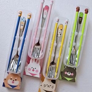 Sendok Garpu Set dengan sumpit 3D Stainless 304 alat makan Korea Karakter Lucky Animal