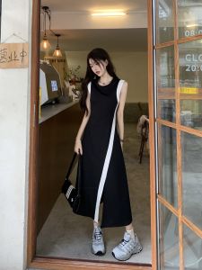 Missliu Fashion Dress For Womens 2025 Summer New Waistband and Slimming Design Split Sleeveless Skirt Contrast Color Patchwork Tank Dress