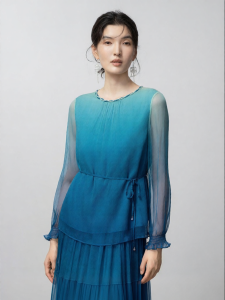 Silk Blouse Slimming Design Gradient Green Lace Long Sleeve Womens Shirt