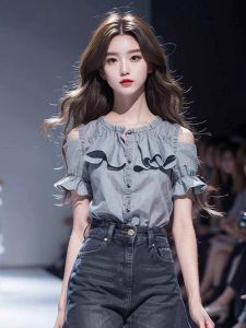 This Years Popular Fashion Slim Looking Easiest for Match Beautiful Small Shirt Womens New Gray off-the-Shoulder Stitching Stringy Selvedge Short Sleeve Shirt