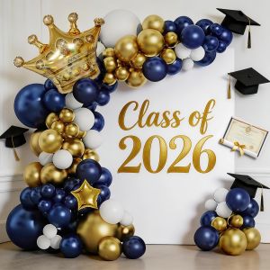 118Pcs Crown Balloon Arch Set 2026 Graduation Navy Blue White and Gold Balloons with Gold Crown Balloons Perfect for Graduation Ceremonies Bachelor Parties and Birthday Party Decorations.