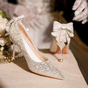 Silver Crystal High Heels Elegant Pearl Butterfly Knot Wedding Shoes Shiny Daily Wear for 18th Anniversary And Adult Ceremony